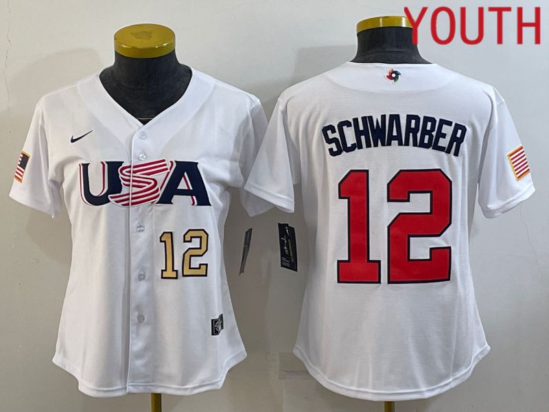 Youth 2023 World Cub USA #12 Schwarber White MLB Jersey1->youth mlb jersey->Youth Jersey